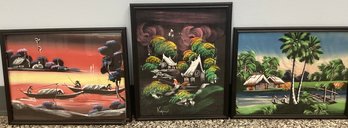 Signed Hand Painted On Linen Fishing Village Scenes - 3 Piece Lot