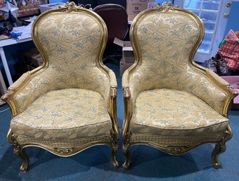 French Louis XVI Custom Upholstered Carved Gold Tone Wooden Arm Chairs - Leaf On Vine Design 2 Total Pair