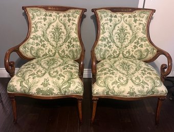 Vintage Brass Inlaid Wooden Cushioned Arm Chairs - 2 Total