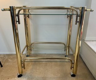 Polished Brass Glass Top Bar Cart On Wheels