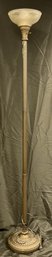 Vintage Torchiere Brass Toned Floor Lamp With Etched Glass Shade