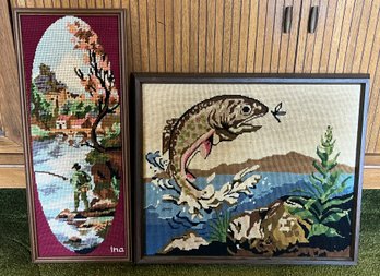 Handcrafted Needlepoint Art Framed - 2 Total - Fishing