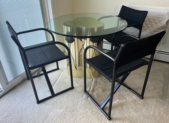 Polished Brass Laminate Composite Glass Top Table With 4 Metal Director Style Folding Chairs