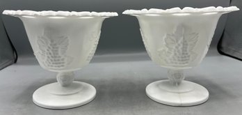 Indiana Glass Co. Milk Glass Grape Pattern Compote Bowl With Lace Edge - 2 Total