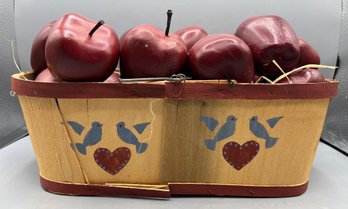 Decorative Hand Painted Wooden Basket With 18 Wooden Apples