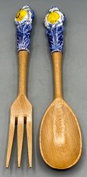 Hand Painted Ceramic Wooden Serving Fork & Spoon - 2 Total