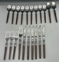 EKCO Eterna Forged Stainless Steel Flatware Set With Wooden Handles - 21 Pieces Total - Made In Japan