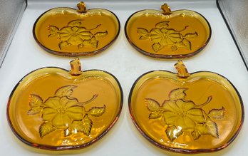 Hazel Atlas Amber Glass Apple Shaped Floral Pattern Plate Set EUC Gold - 6 Total
