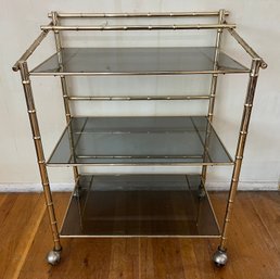 Mid-century Brass Plated Bamboo Style Bar Cart With 3 Glass Shelves