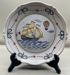 Hand Painted Pottery Ship Pattern Plate