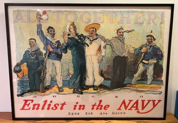 Vintage American Lithographic Co. Military Advertising Print Framed - Enlist In The Navy