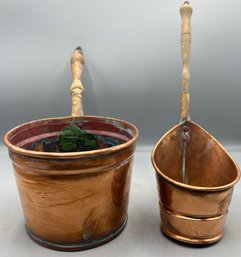 Vintage Copper Pots With Wooden Handles - 2 Total
