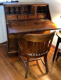 Solid Wood Secretary Desk With Wooden Chair - Key Included