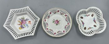Floral Pattern Porcelain Trinket Bowls - 3 Total