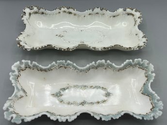 Antique Milk Glass Hand Painted Embossed Trays - 2 Total