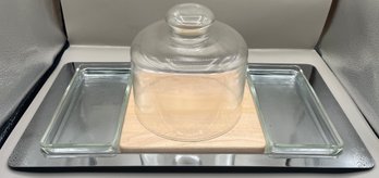 Kromex Chromium Snack Server With Wooden Tray And Glass Dome - Box Included