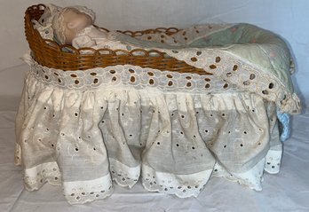 Vintage Bisque Porcelain Baby Doll With Wicker Crib Included