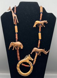 Hand Carved Wooden Jungle Animal Pattern Necklace