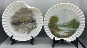 Vintage Hand Painted Bisque Porcelain Scalloped Plate Set - 2 Total