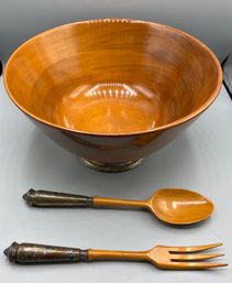 Hand Turned Genuine Mahogany Serving Bowl With Serving Fork And Spoon - 3 Piece Set