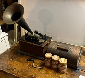 Antique Edison Phonograph With Assorted Wax Scrolls Included