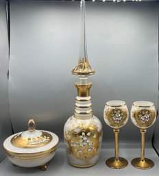 Bohemian White Opal Glass W/ Hand Painted Gold Enamel Decanter & Accessories - 4 Pieces Total