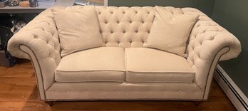 Ethan Allen Tufted Cushioned Loveseat With Nailhead Studded Accent - Two Throw Pillows Included