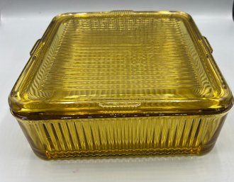 Federal Co. Amber Glass Square Ribbed Refrigerator Dish With Lid