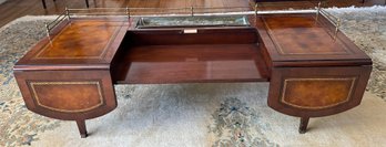 Vintage Leather-top Solid Wood Drop-leaf Coffee Table With Built In Copper Planter