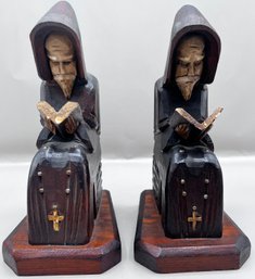 Vintage Hand Carved Wooden Monk Bookends