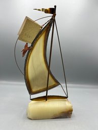 John And Don DeMott 1975 - Fine Brass Copper & Steel Sailboat Sculpture Mounted On Onyx Base