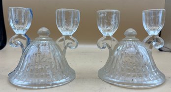 Vintage Etched Clear Glass Double Candlestick Holders Bell Base Set Of 2