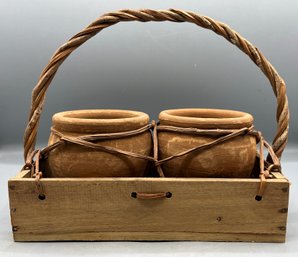 Caldor Wooden Wicker Basket With Clay Pots