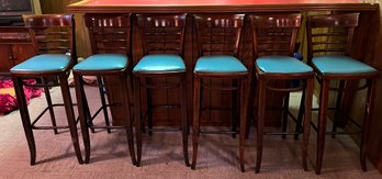 Vintage Solid Wood Cushioned Bar Stools - 6 Total