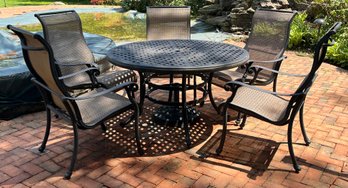 Outdoor Aluminum Round Dining Table With 6 Aluminum Mesh-back Chairs Included - 7 Piece Lot