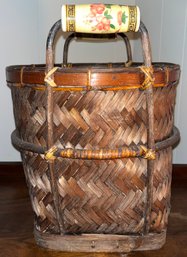 Wicker Basket With Porcelain Floral Pattern Handles