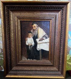 Norm Altman Signed Young Boy And Rabbi Holding His Arm On Torah, Oil On Wood