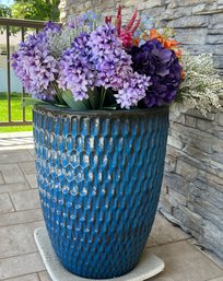 Outdoor Ceramic Glazed Garden Planter With Drain Plug & Faux Floral Arrangement