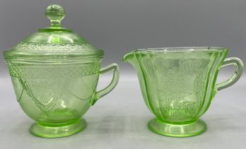 Federal Glass Co. Parrot Pattern Green Glass Sugar Bowl And Creamer Set - 2 Pieces Total