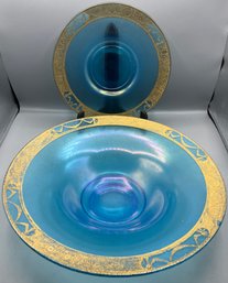Bohemia Blue Glass Platter And Bowl  With Gold GIlt Rim  - 2 Piece Lot