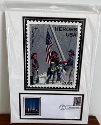 9-11 Heroes, Firemen & Flag Commemorative Stamp Art- Sealed