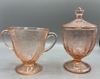 Jeanette Glass Co. Floral Pointsetta Pattern Glass Sugar Bowl And Creamer Set - 2 Pieces Total