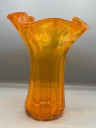 Orange Ruffled Glass Vase