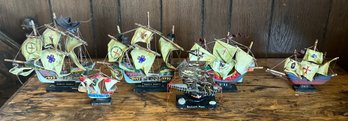 Paper Mache Ships Of Christopher Columbus - Figurines With Wooden Bases - 6 Total