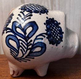 Hand Painted In Romania Blue And White Ceramic Piggy Bank