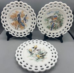 Vintage John E. Kemple Hand Painted Bird Pattern Milk Glass Plates - 3 Total