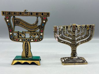 Hand Painted Miniature Brass Menorahs - 2 Total