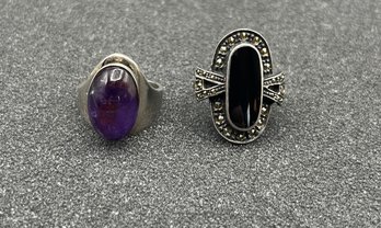 925 Silver Amethyst & Black Onyx Cabochon Rings - 2 Total - .51 OZT Total