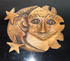 Hand Carved Wooden Sun & Moon Wall Decor Plaque