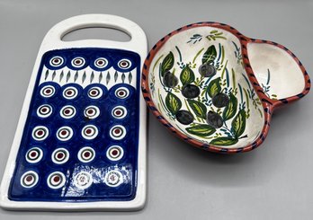 Glazed Pottery Cutting Board & Trinket Bowl/dish - 2 Piece Lot